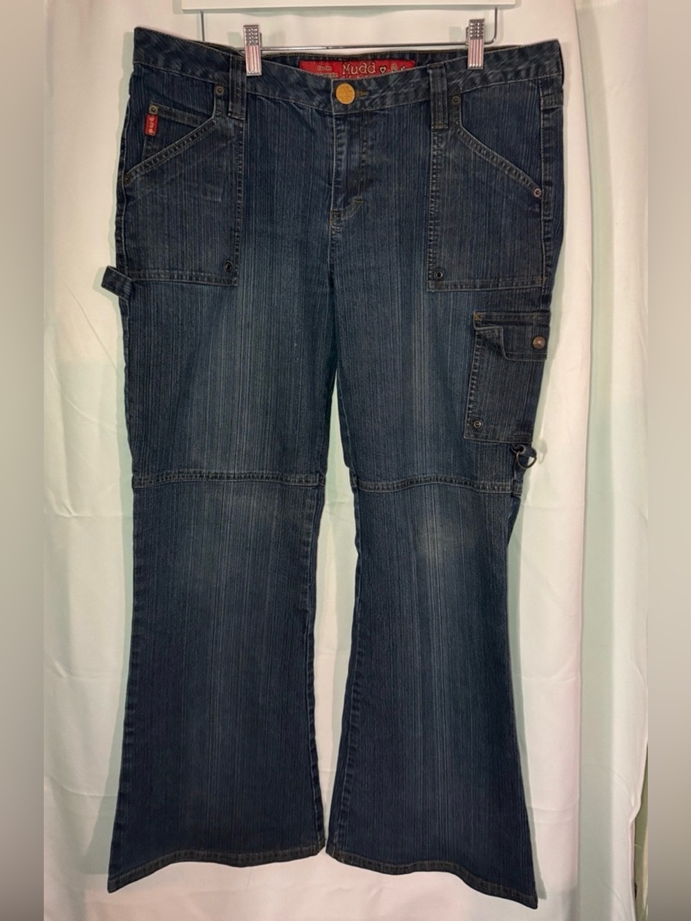 Mudd Y2K-era dark blue flared cargo jeans utility pockets low-rise size 15